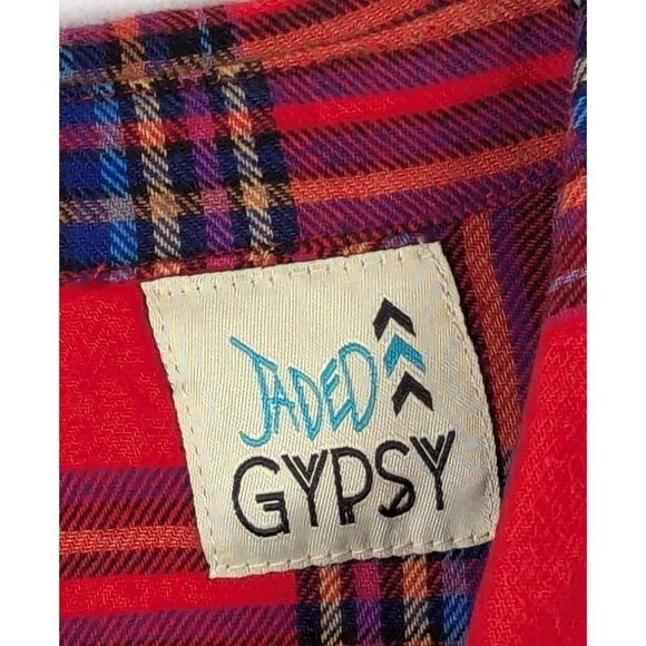 Jaded Gypsy Women size S/M Button Front Flannel Shirt Red Plaid Fringe Hippie - Picture 8 of 12